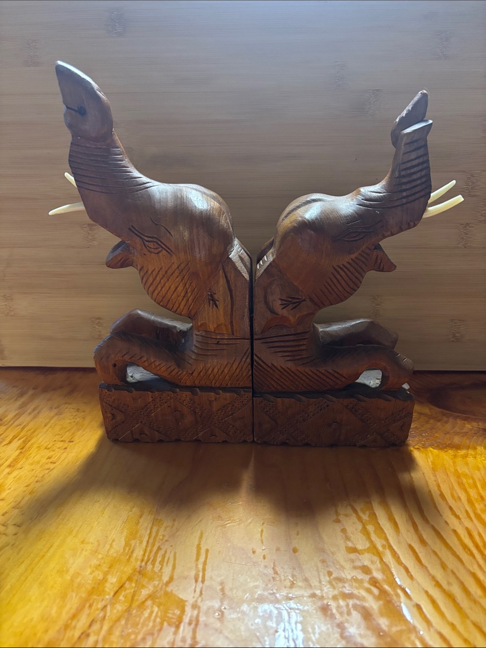 Hand-Carved Brown Wooden Elephant Statues - Decorative Pair (Book holders)
